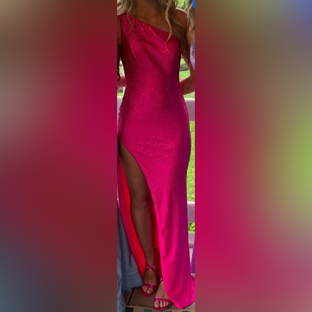 Jovani hot pink iridescent one shoulder sequined prom dress with side slit; 2